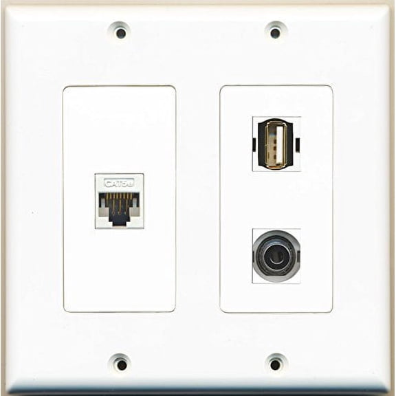 RiteAV - 1 Port USB A-A 1 Port 3.5mm 1 Port Cat5e Ethernet White - 2 Gang Wall Plate