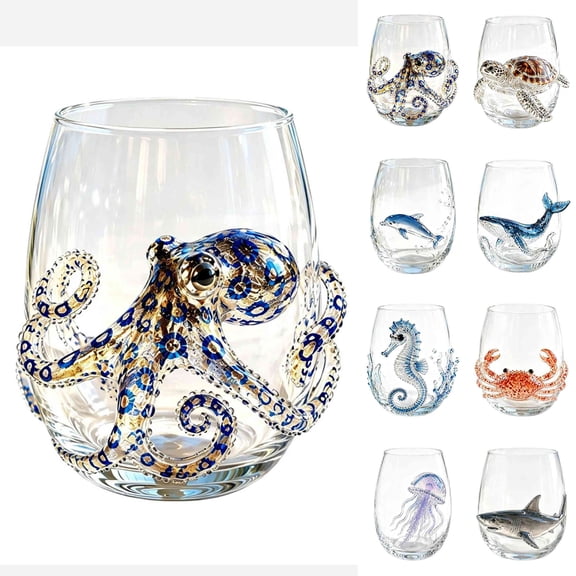 Artisanal Blue Ringed Octopus Glassware 3D Ocean Octopus Drinking Glass Stemless Glasses, Handcrafted Marine Animal Bar Glass, Coastal Home Decor Gift for Ocean Lovers (Octopus)