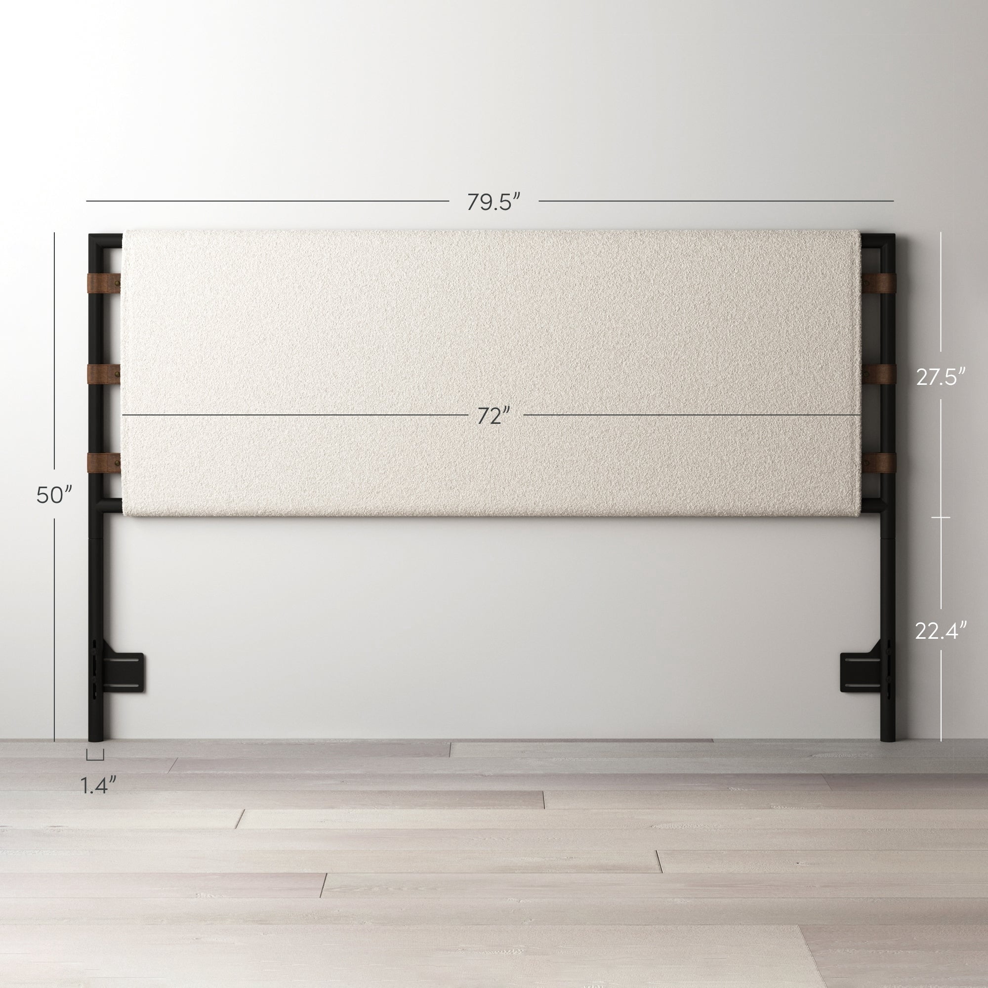 Nathan James Aspen King Bed Headboard, Boucle Upholstered Headboard with Leather Straps and Black Matte Metal Frame, White/Black