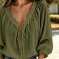 thumbnail image 4 of Elwylmiz Women's 3/4 Sleeve Tops Lace Up V Neck Blouses Boho Ruffled Trim Loose Fit Casual Shirts Summer Fall Outfits, 4 of 7