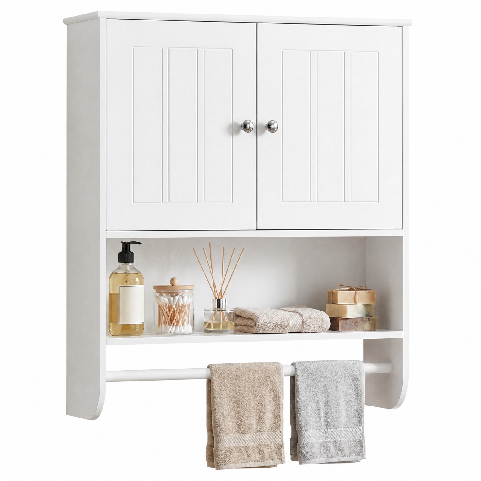 Vebreda Bathroom Towel Rack, Bathroom Wall Cabinet with Towel Bar and Open Shelf, Ample Storage Space, Flexible Storage Options