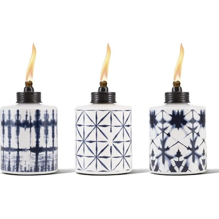 Glass Tie-Dye Tabletop Torches, 3-Pack – Decorative Outdoor Torches for Patio, Backyard & Garden – Portable Tabletop Citronella Torches for Outdoor Lighting – Blue, 5.75-Inch