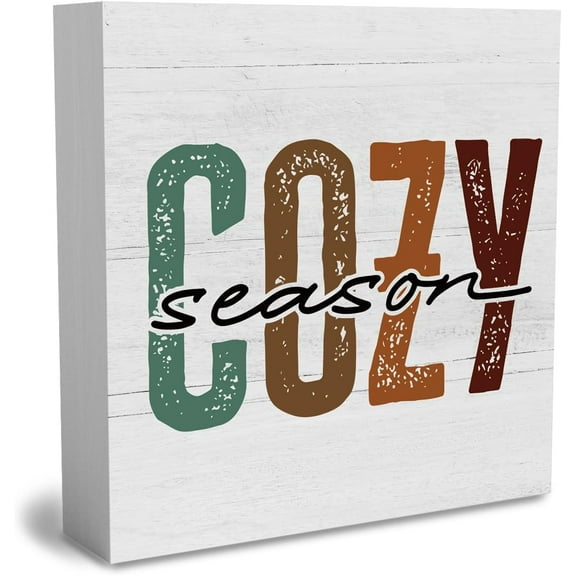 Zomyto 7"x7" Rustic Cozy Season Wood Box Sign,Farm house Retro Fall Artwork Decor,Autumn Harvest Thanksgiving Wooden Square Sign Desk Block Signs