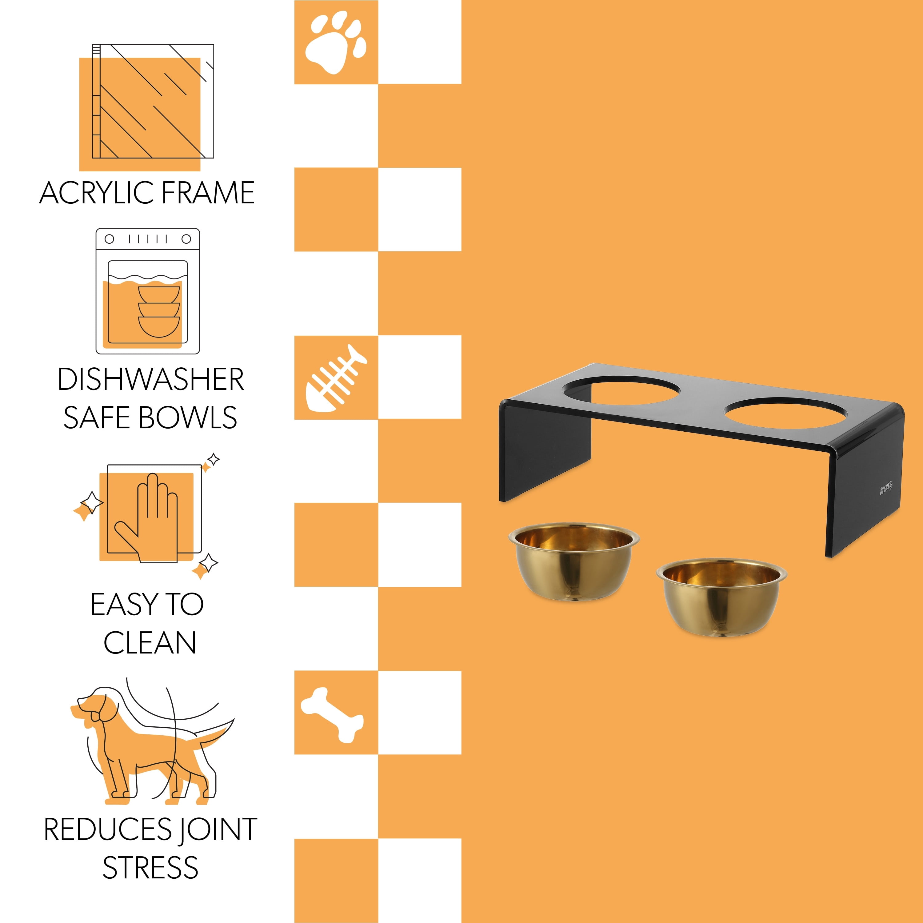 THE LICKER STORE Keaton 5" Small/Medium Modern Acrylic Rectangular Elevated Pet Feeder with 20oz 2-Stainless Steel Bowls, Black/Gold, DBL2000B