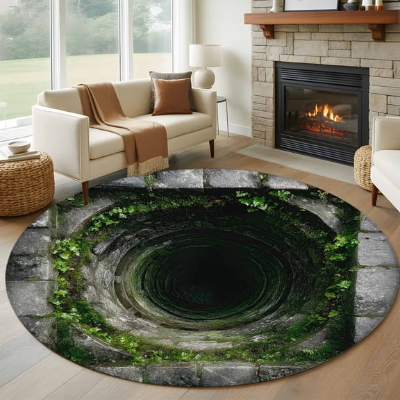 3D Optical Illusion Round Area Rug 7Ft Washable Circle Rugs for Dorm Laundry Room, Visual Trap Looks Like Holes Green Grey Non-Slip Carpet Floor Mats Indoor Outdoor Carpet Runner Aesthetic Home Decor