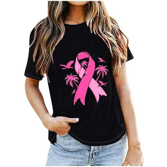 CLOISE Breast Cancer Blouses Women Short Sleeve Crew Neck Tshirts Ribbon Oversized Breast Cancer Fight Shirts Fashion Loose Blouses Cancer Survivor Gifts in October Outfits Black XL
