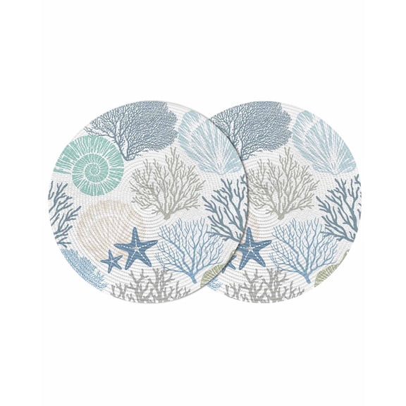 Coastal Round Placemats Set of 2 for Dinning Tables,Heat-proof Braided Table Mats 15 Inch,Summer Beach Nautical Coral Starfish Washable Place Mat for Kitchen Restaurant Party Decor Table Setting