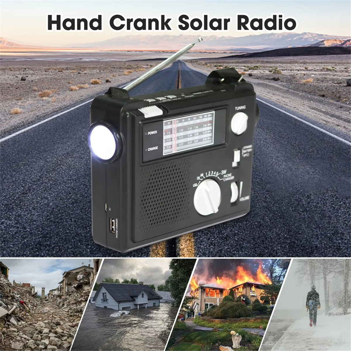 Emergency Radio Portable Emergency Radio Weather Alert Radio with Cellphone Charging Hand Crank & Battery Operated,1 x Radio,Black&White