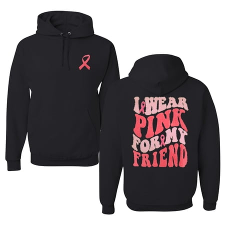 Wild Bobby I Wear Pink for My Friend | Breast Cancer Awareness Support Trendy Fuzzy Pink Chenille Fabric Patch Style Front and Back Hoodie Sweatshirt