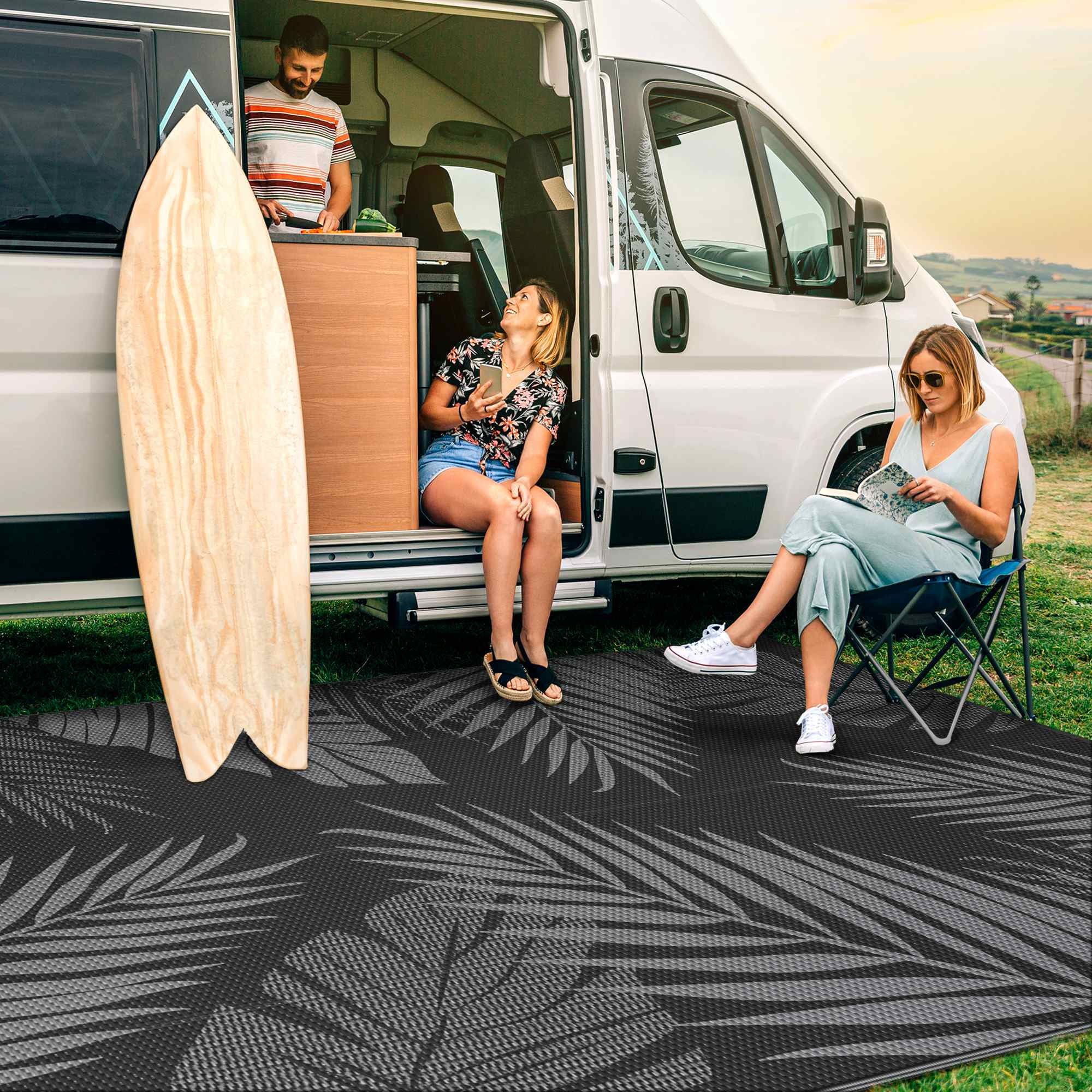 DEORAB 6'x9' Outdoor Rugs Patio Waterproof Outside Mat Reversible Plastic Camping Carpet,Black & Grey