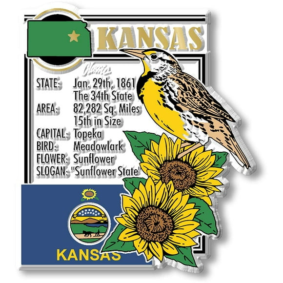 Kansas State Montage Magnétique par Aimants Classiques, 2.9 Pouces x 3.2 Pouces, Souvenirs et Cadeaux de Collection Fabriqués aux États-Unis