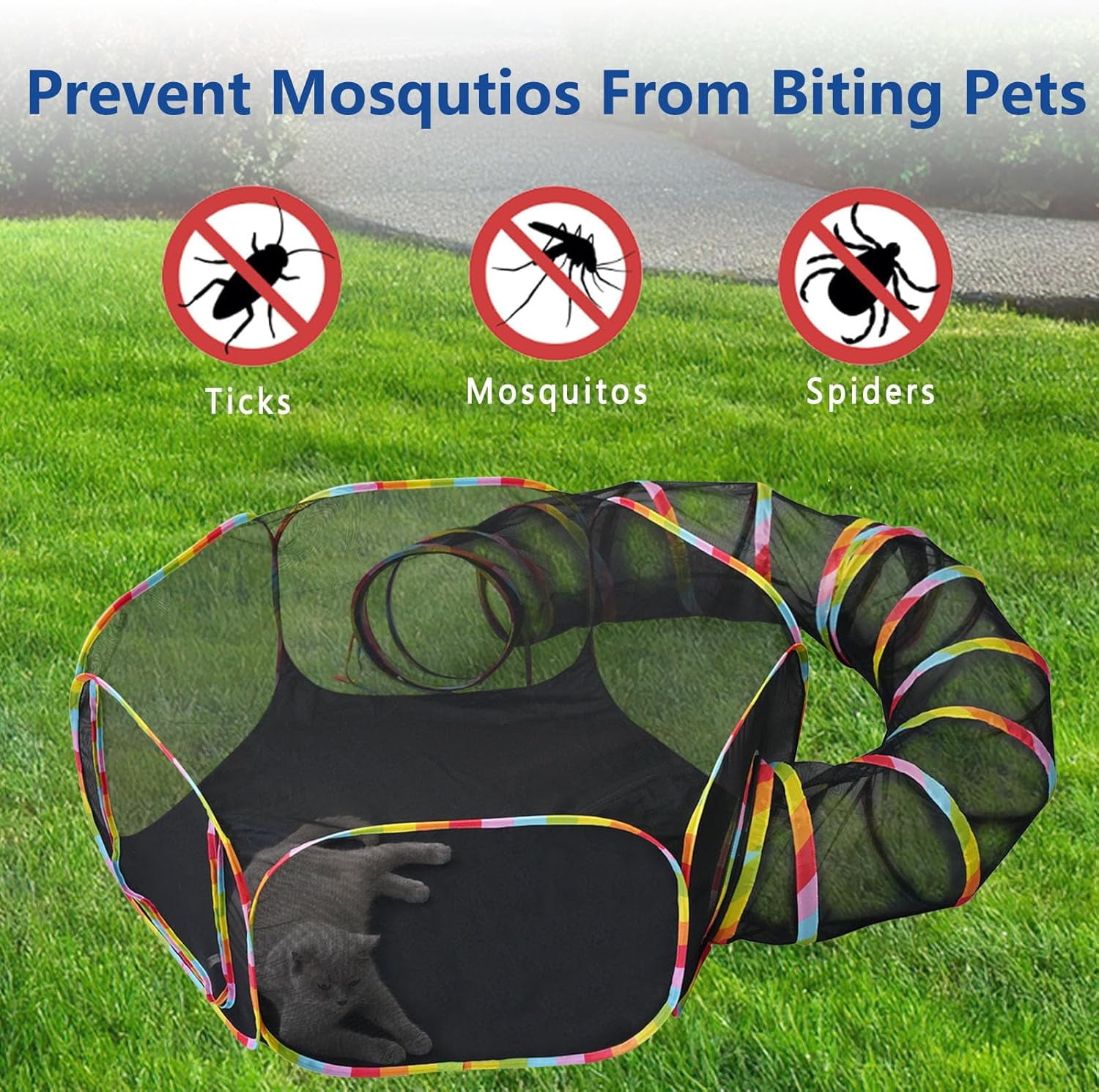 HiiKaa Outdoor Rainbow Cat Enclosures Playground,Portable Cat Tent for Outside,Circle Playpen Tunnel for Kitty and Small Animals,Within Storage Bag