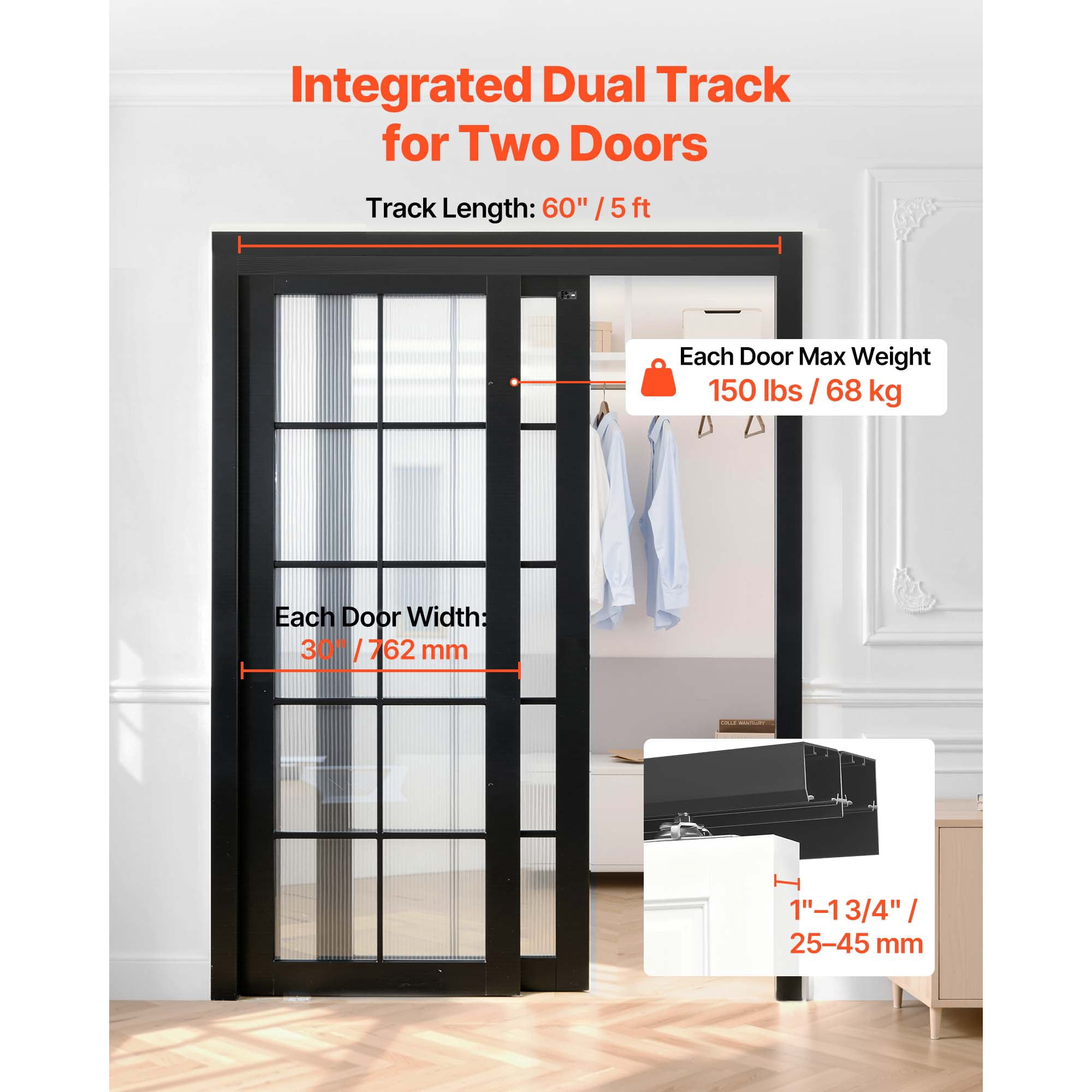 KFFKFF 5 ft Aluminum Alloy Bypass Sliding Door Hardware Kit, Dual-Track System for Smooth and Quiet Operation, Easy Installation, Fits Doors 1" to 1 3/4" Thick and 30" Wide, Ideal for Closets
