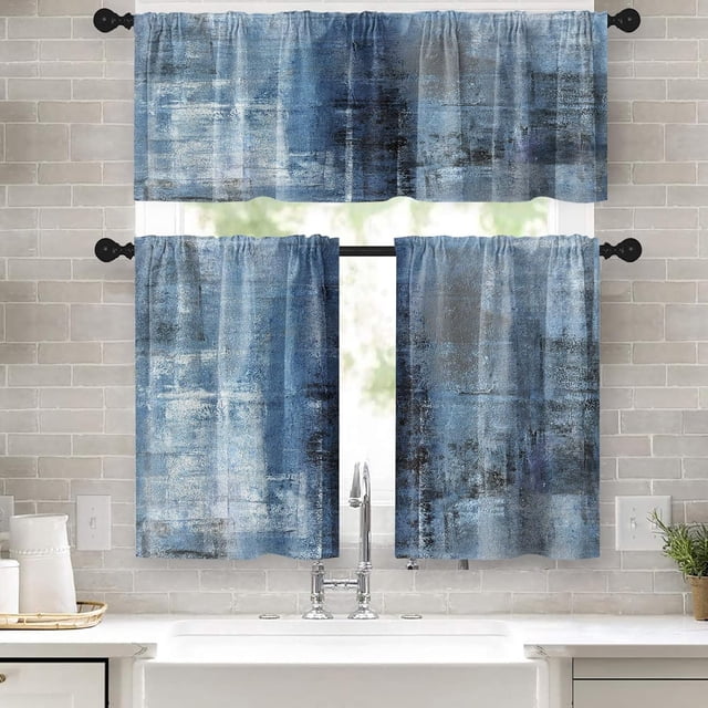 36 Inch Kitchen Curtains Blue and Grey Abstract Art Window Curtains and Valances Set of 3, Modern Art Background Short Tier Curtain for Kitchen,Vintage Small Kitchen Decor