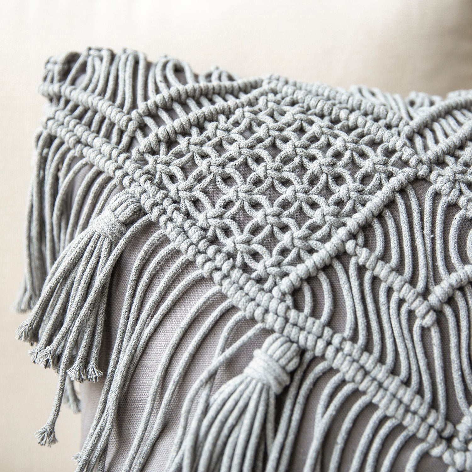 Phantoscope 100% Cotton Handmade Crochet Woven Half Covered Throw Pillow, 18 x 18 in Square Cushion with Tassels, Boho Style, Light Gray, 1 Pack
