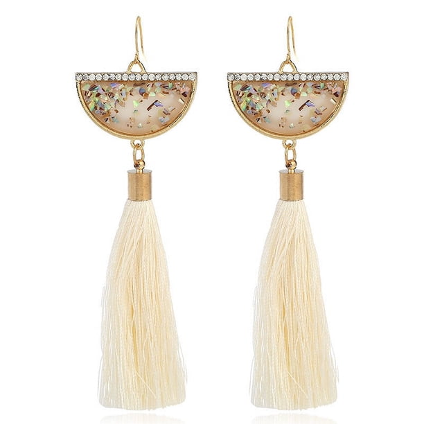Nvzi Pendientes y aretes para hombre, aretes de diamantes con incrustaciones de metal, aretes largos con borlas en forma de abanico (blancos)