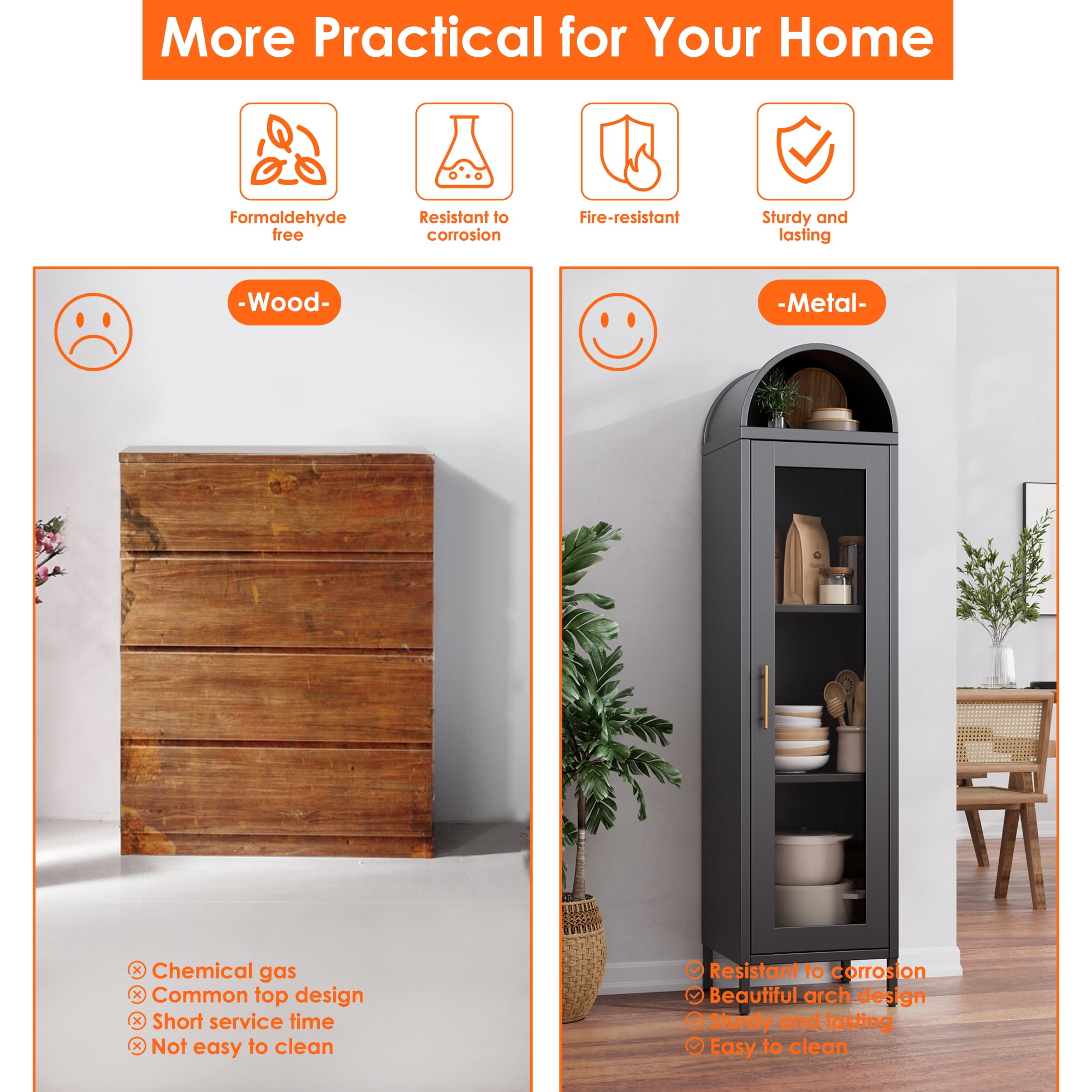 Aobabo Metal Arched Cabinet, Arch Display Bookcase with Glass Door and Shelves, Kitchen Pantry Cabinet for Dining Room, Home, Office, Study Room, Assembly Required,Black,15.35"D x 16.26"W x 63"H
