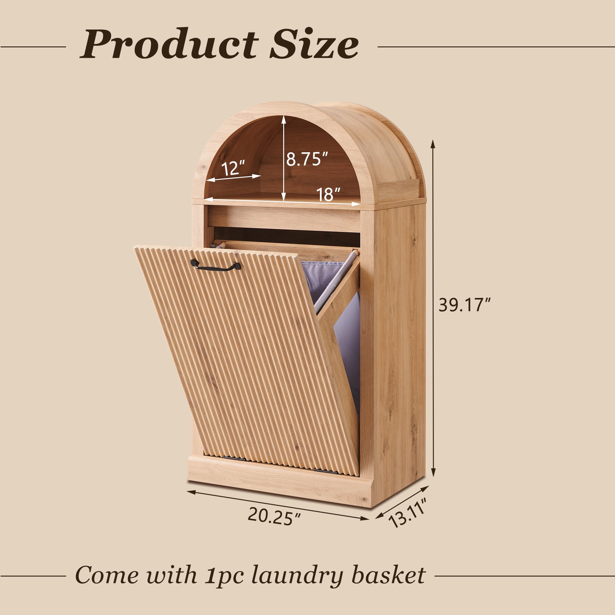 SinCiDo Arched Laundry Hamper Cabinet, 10 Gallon Fluted Hidden Garbage Can Cabinets with Laundry Basket, Free Standing for Bathroom & Kitchen, Natural Oak