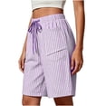 thumbnail image 3 of Straight Leg Shorts for Women New Women’s Linen Striped Shorts, Elastic Waist Drawstring Casual Beach Bottoms, Loose Knee Length Bermuda Shorts with Pockets Purples XL, 3 of 6