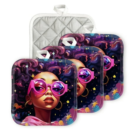 

BaHomeck Pot Holders 4pcs dacron Made Square heat-resisting mat Machine Washable for Kitchen Oven Hot Pads 6.7inch*6.7inch Beautiful Black Woman With Curly Hair And Pink Glasses