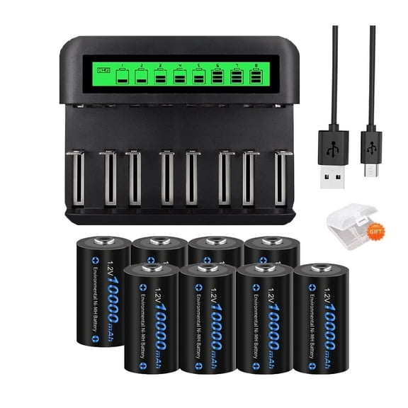 CITYORK D Size Battery with Charger, 8 Pack D Cell Ni-MH 1.2V Rechargeable Batteries with 8 Slots Intelligent Fast LCD Indicator USB Battery Charger For 1.2V AA AAA C D Size Ni-MH Batteries