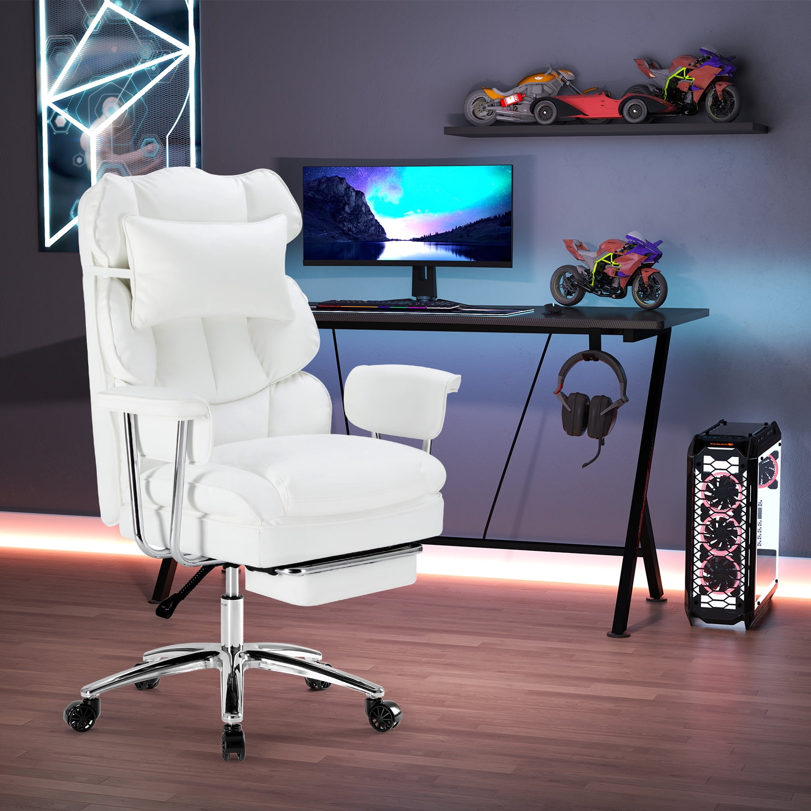 CONCETTA Executive Ergonomic Home Office Chair with Footrest & Lumbar Support, Big Tall High Back, PU Leather, Adjustable & Swivel, White