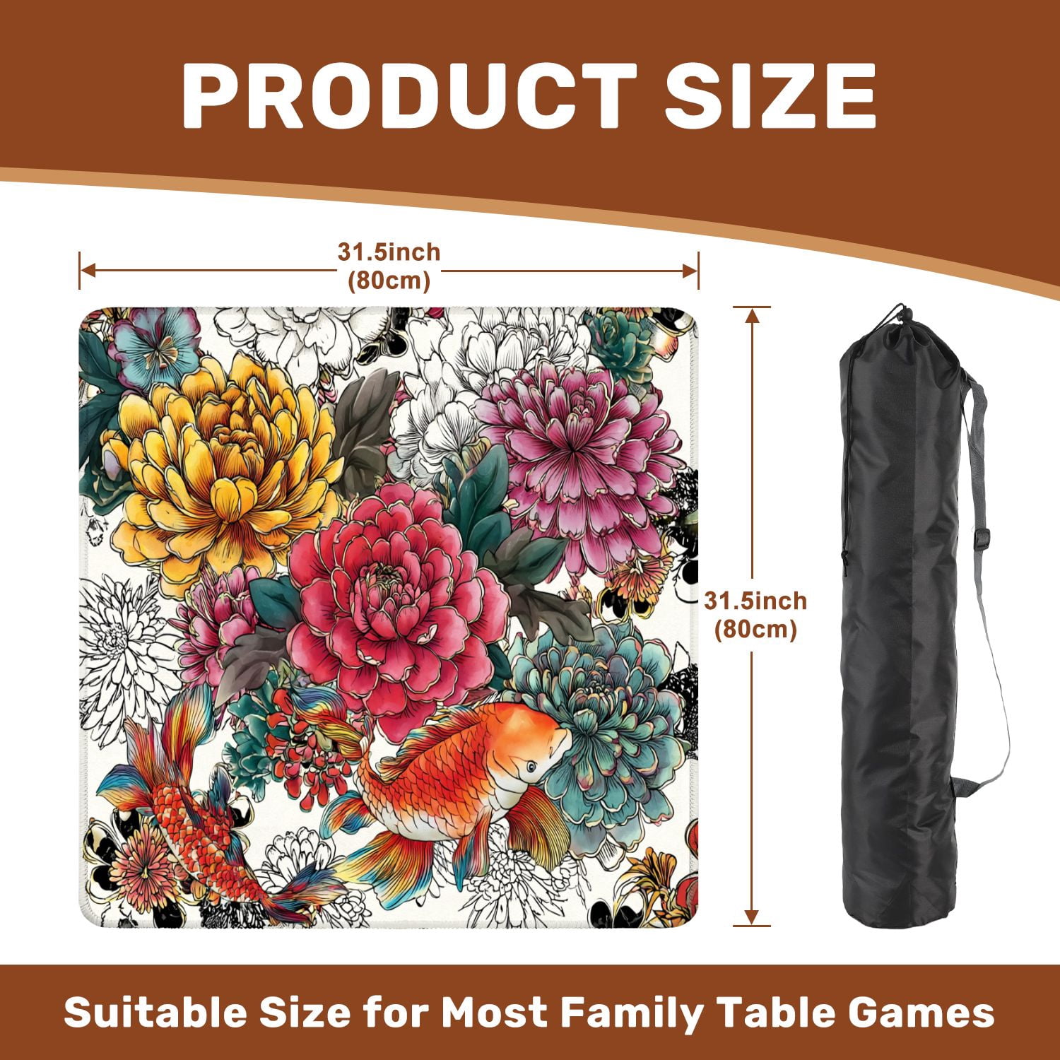 Mahjong Mat 31.5" x 31.5" Seamless asian traditional s Japanese painted flowers peonies Non-Slip Noise Reduction American Mahjong Tiles Table Cover for Dominoes Poker Card Board Games Gift