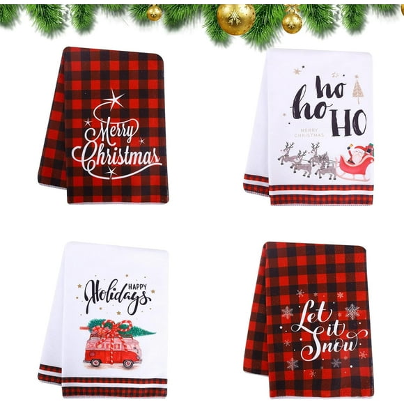 4 pcs Christmas Tea Towels,17.7 x 27.5in Microfibre Tea Towels, Super Absorbent Kitchen Towels, Merry Christmas Buffalo Plaid Tea Towels Bar Towels Durable Kitchen Towels for Cooking Baking