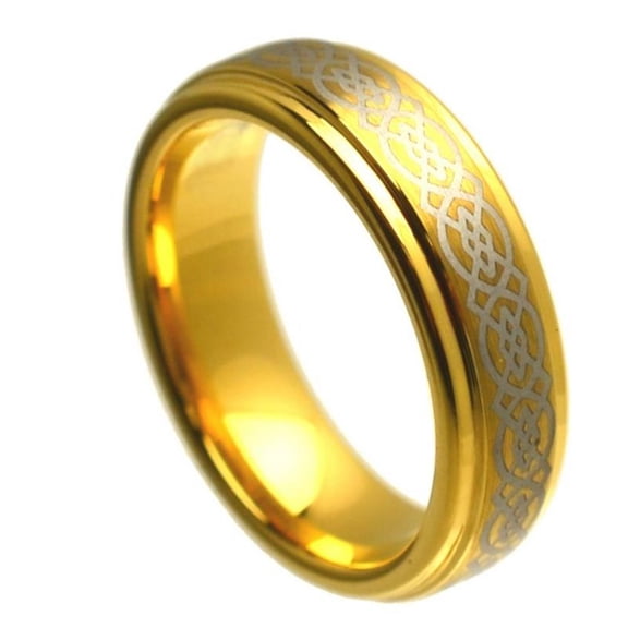 Custom Personalized Engraving Wedding Band Ring Set for Him & Her - 6mm Yellow Gold Plated Stepped Edge High Polish Laser Engraved Celtic Knot Pattern