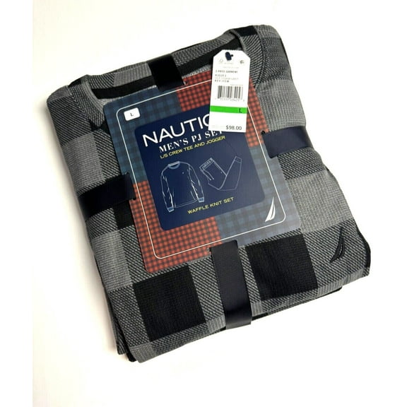 Nautica Mens 2 Pc Relaxed Fit Waffle Knit Pajama Set Storm Grey Black Large