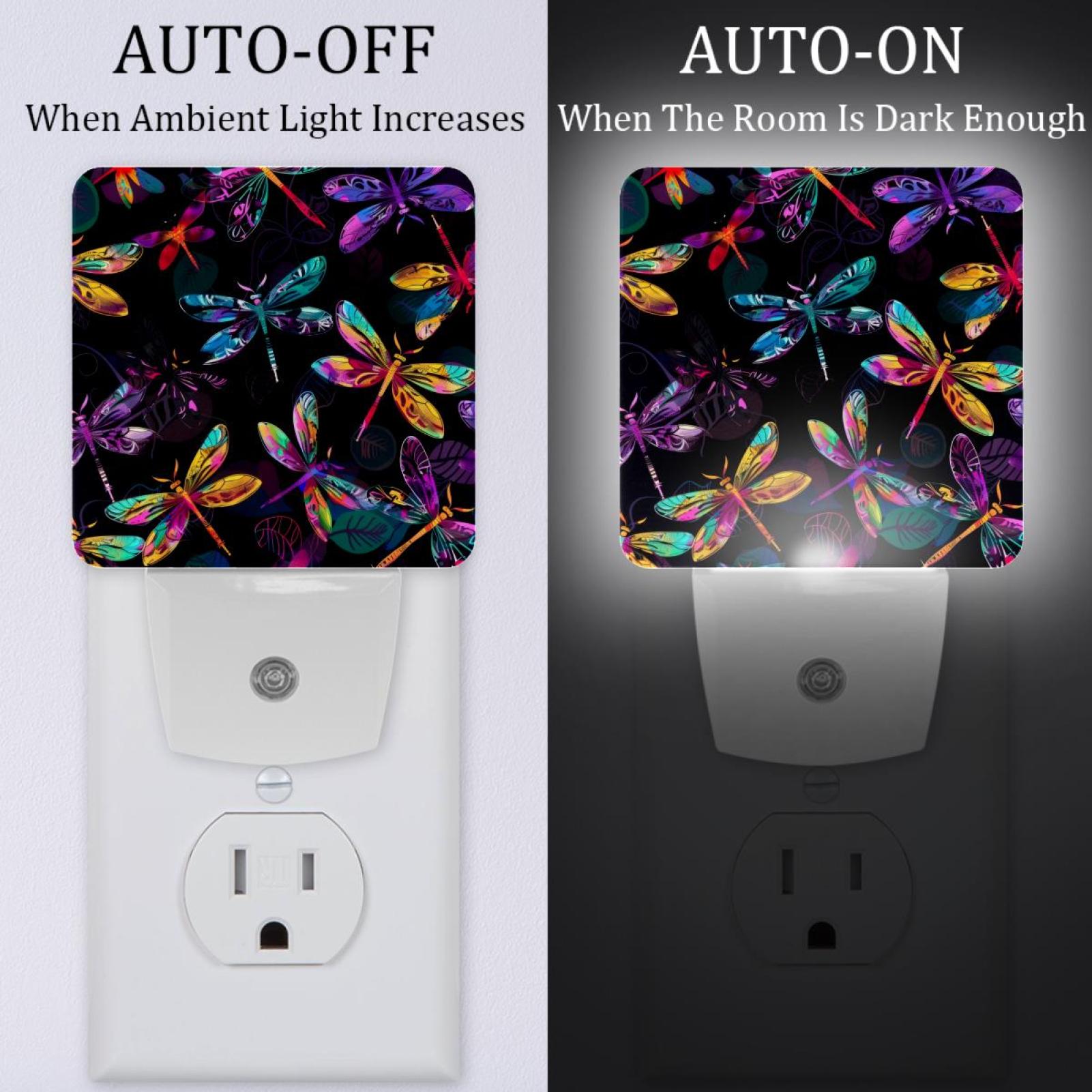 PhooArto Dark Colorful Dragonflies Pattern Plug in LED Night Light Auto Sensor Dusk to Dawn Decorative Night for Bedroom, Bathroom, Kitchen, Hallway, Stairs, Baby's Room, Energy Saving