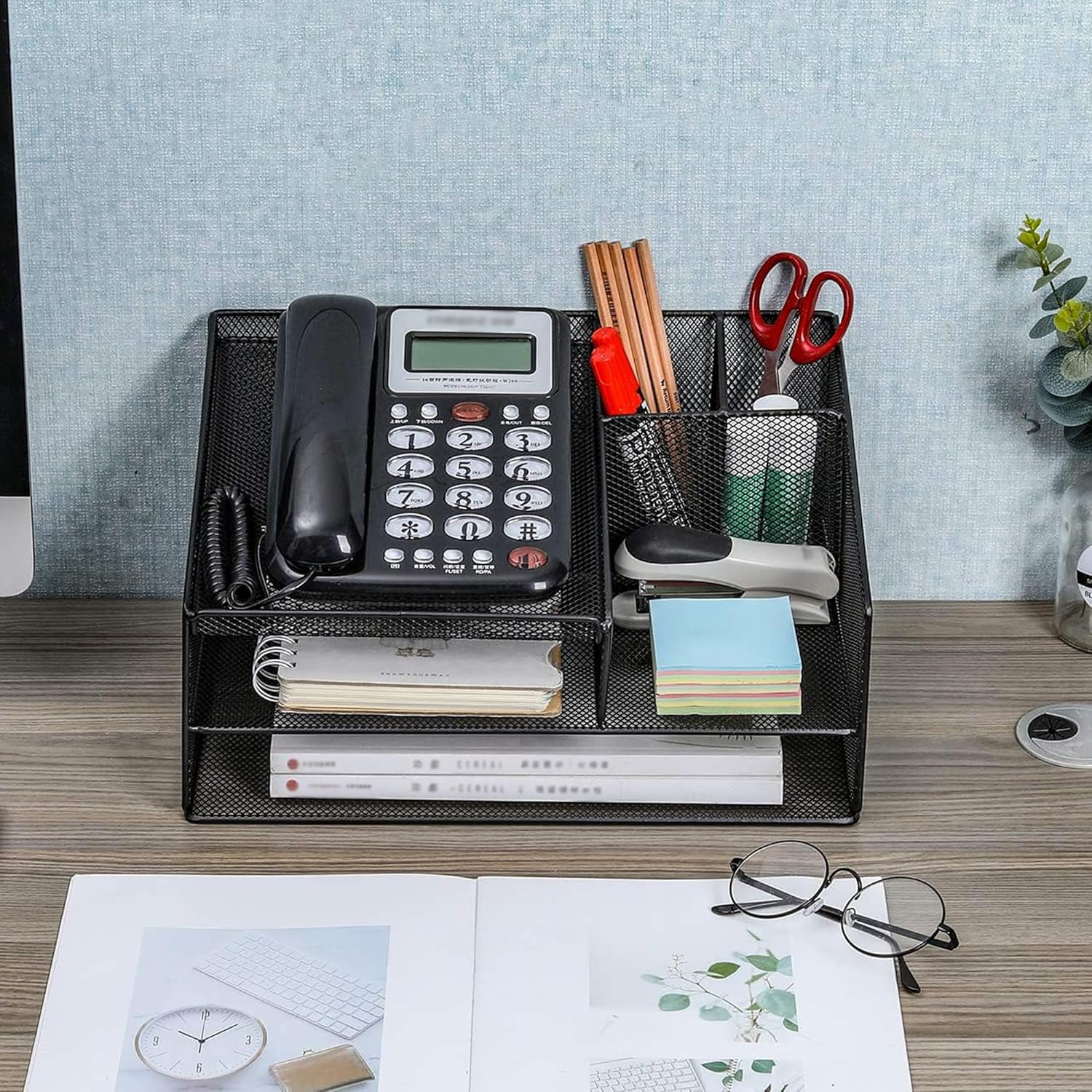 EasyPAG Multi-Compartment Mesh Desk Organizer - Black Metal Office Storage Caddy for Phones, Pens, Documents, Stationery