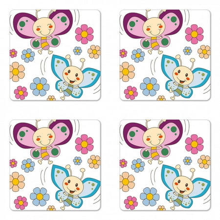 

Nursery Coaster Set of 4 Lilac and Blue Baby Kid Butterflies Flying Between Spring Flowers Cheerful Nature Square Hardboard Gloss Coasters Standard Size Multicolor by Ambesonne