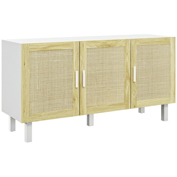 Barara King Storage Cabinet,Kitchen Cabinet, Buffet Cabinet with 3 Rattan Doors and Adjustable Shelves for Dining Room, White and Natural