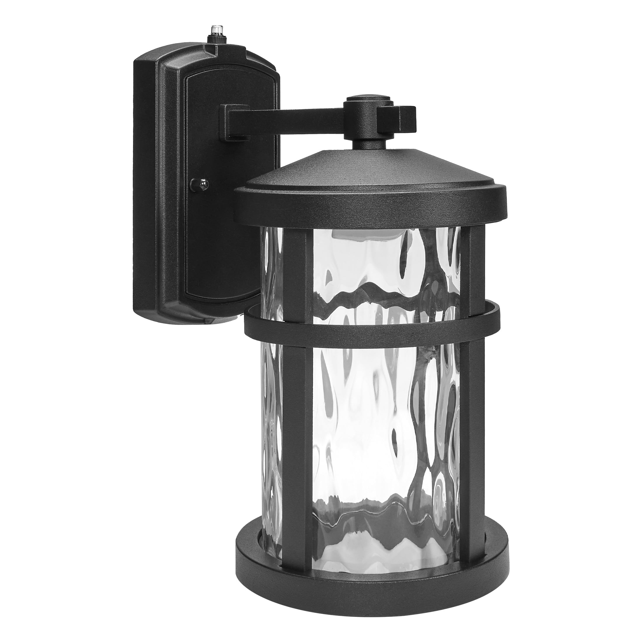 Maxxima LED Outdoor Wall Light, Black Finish, Clear Hammered Glass, Dusk to Dawn Sensor, 750 Lumens, 3000K Warm White