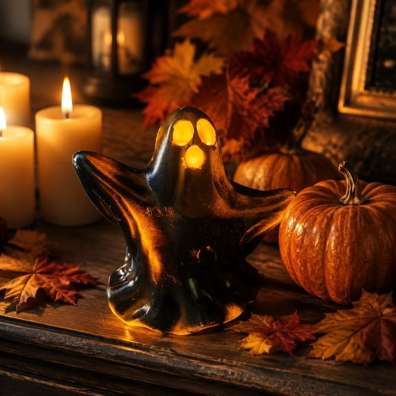 Tryvkinvive Vintage Black Gold Lighted Ghost Halloween Decoration,Indoor Tabletop Antique Ornament,Halloween Atmosphere Decor Lamp