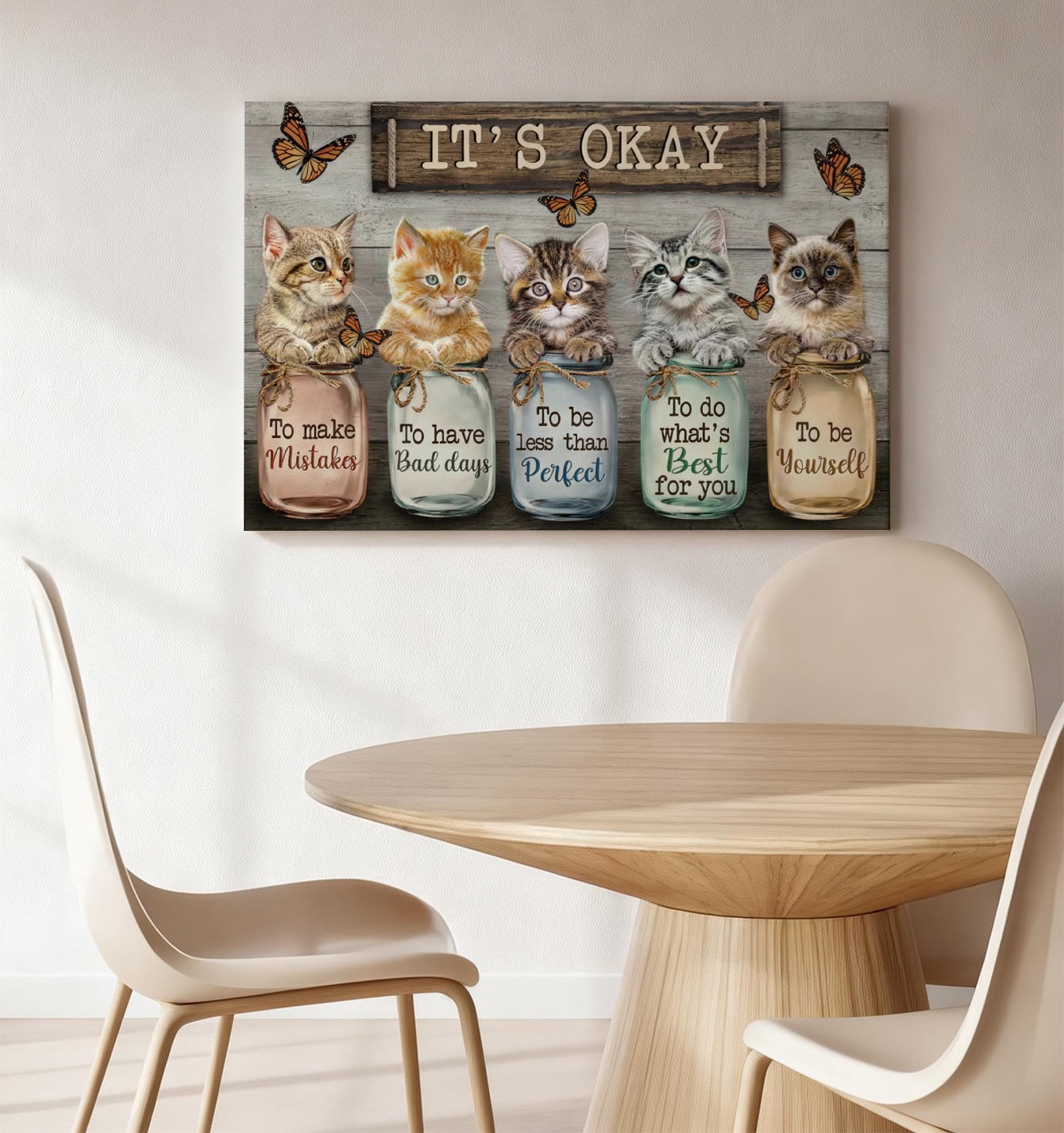 It's Okay Kittens Self-Love Canvas Wall Art, Cute Cat Decor, Inspirational Self-Care Quote Artwork For Bedroom, Nursery, Bathroom, Ready To Hang 12*18inch(30*45cm)