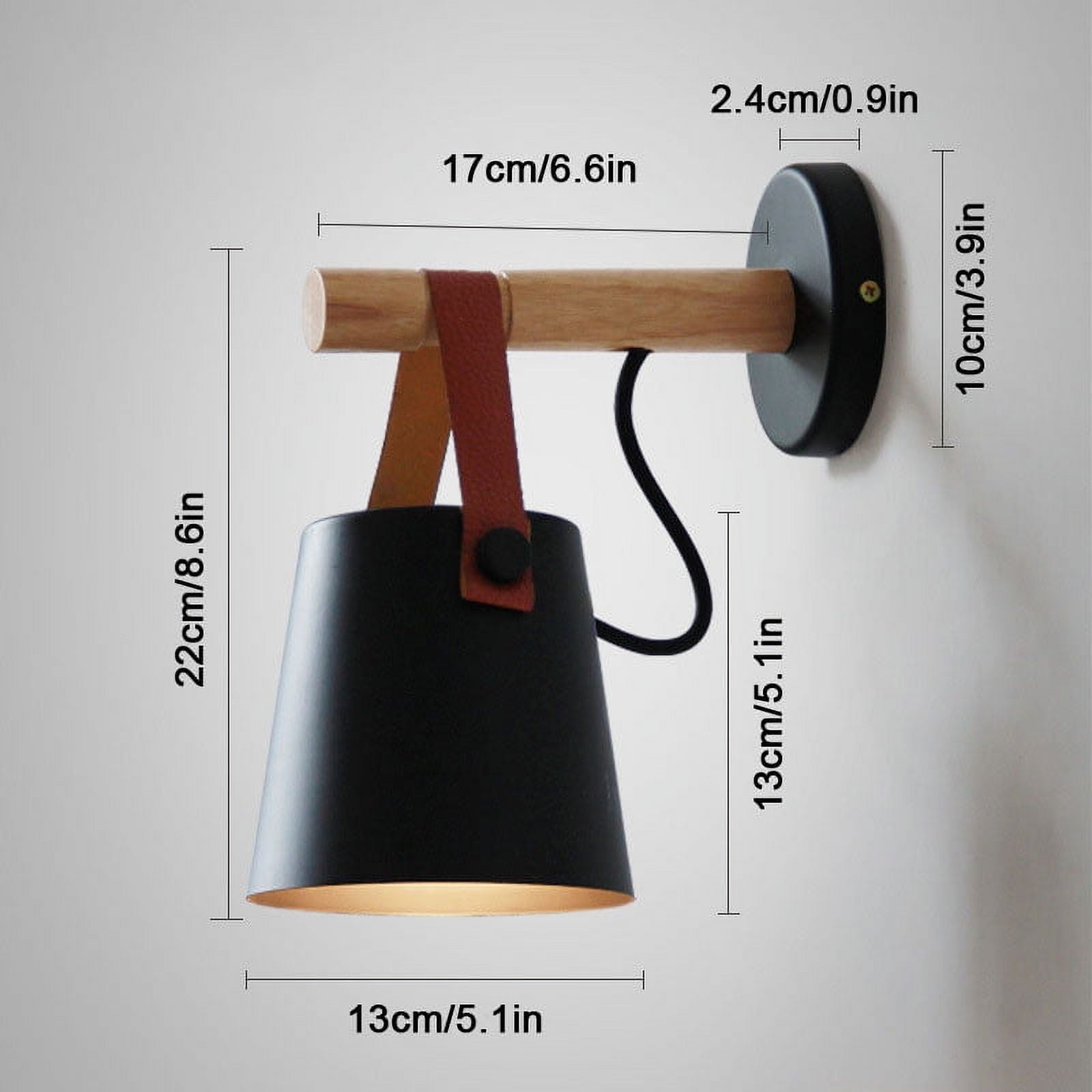 Industrial Black Iron Wall Sconce with Brown Leather Strap, Rustic Wood Backplate LED Wall Lamp, Vintage Belt Light Fixture for Bedroom Bedside Living Room Hallway TV Wall Decor