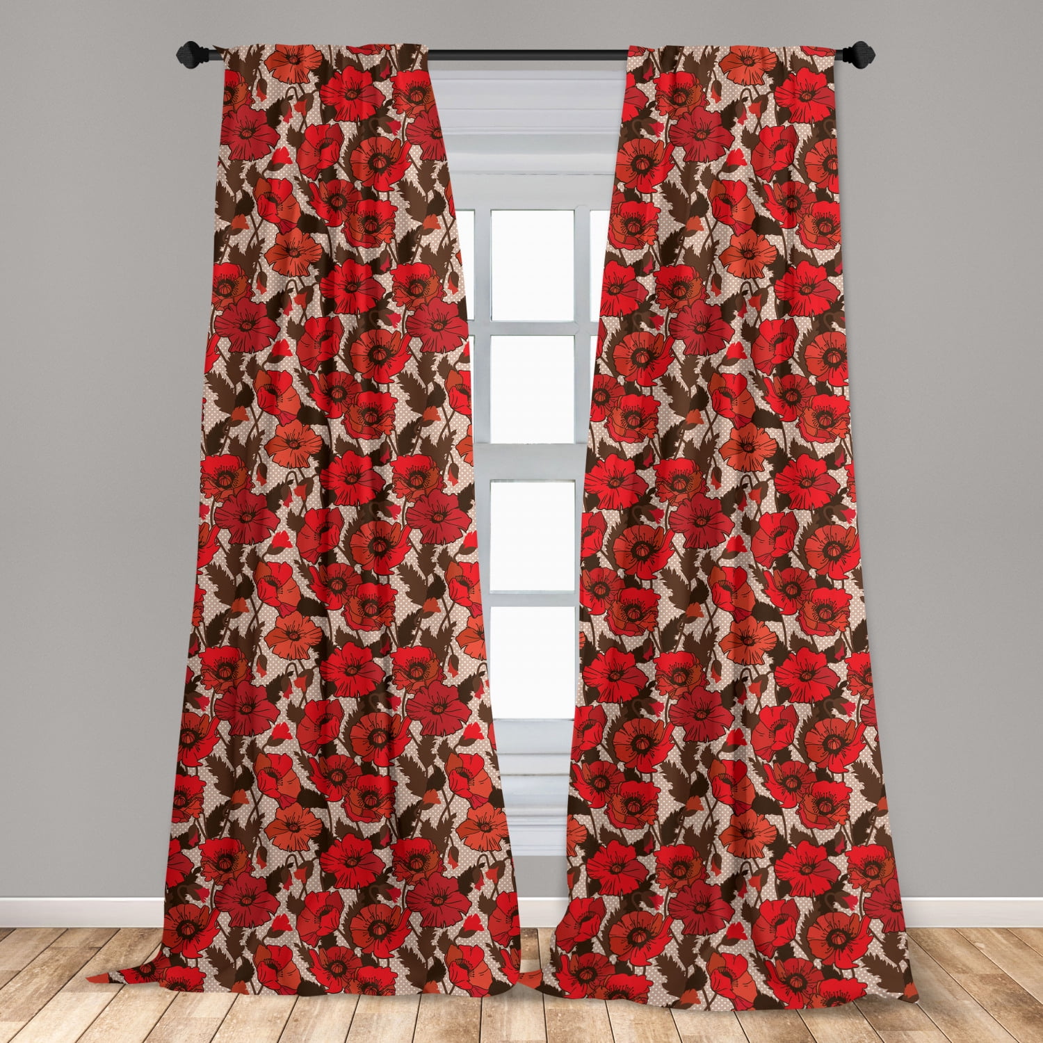 Botanical Curtains 2 Panels Set, Old Fashion Inspired Nostalgic Floral Pattern of Poppies on