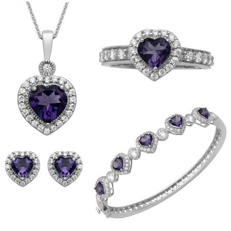 Heart Amethyst and Round Clear CZ Heart Ring, Pendant, Earrings and Bracelet Set in Brass
