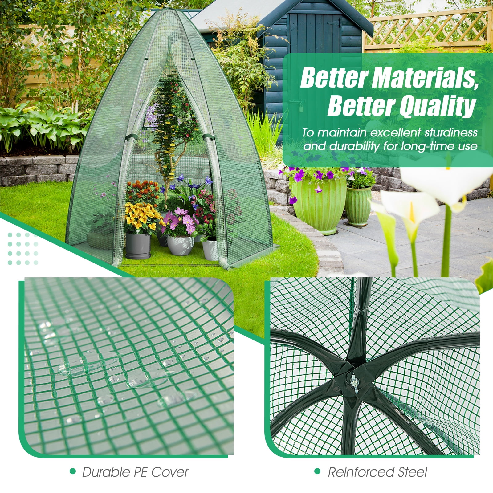 Patiojoy 63�� x 63�� x 72�� Walk-In Greenhouse with Roll-Up Window & Door Hexagonal Green House with Metal Frame & Waterproof PE Cover