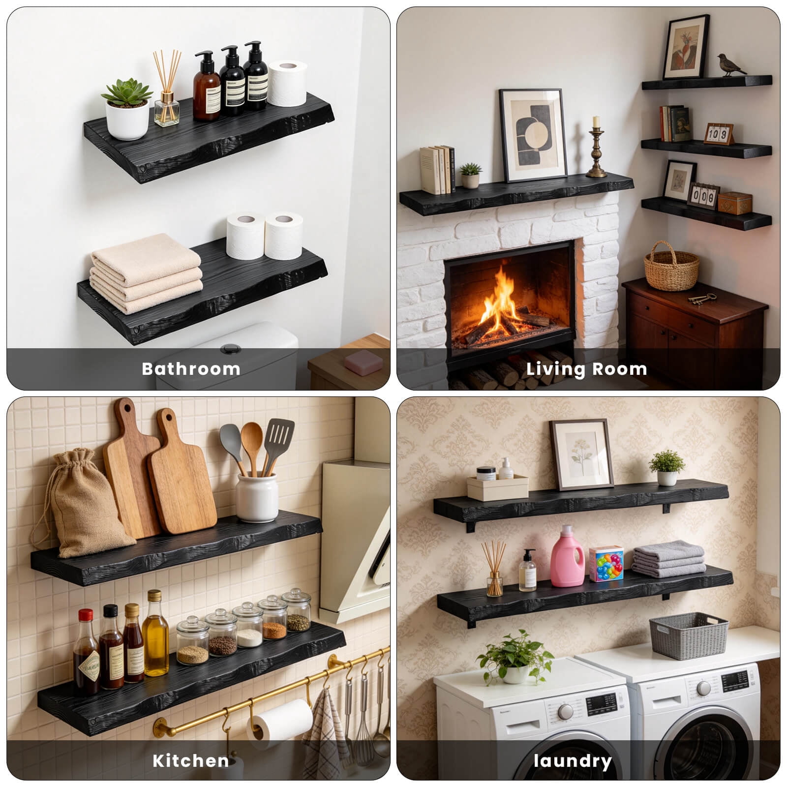 72 Inch Solid Wood Floating Shelf, Live Edge Rustic Wall Shelf with Hidden Brackets, 8” Deep Long Wooden Shelf for Living Room, Bathroom, Bedroom, Kitchen Storage & Display (Black)