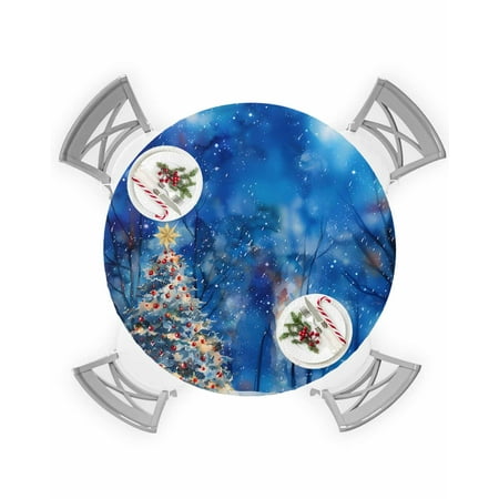 

Round Tablecloth with Elastic Christmas Snow Covered Xmas Tree Forest Navy Blue Waterproof Table Cover Wipeable Fitted Table Cloths for 45 -54 Round Tables Dining Kitchen Indoor Outdoor Use