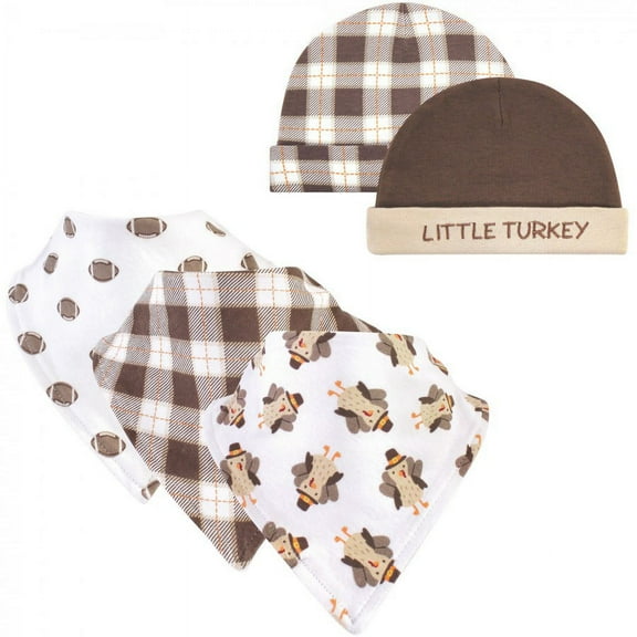 Hudson Baby Infant Boy Cotton Bib and Caps Set 5pk, Boy Turkey, One Size