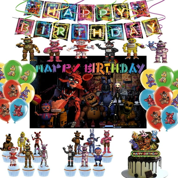 Five Nights Party Decorations Freddy's Birthday Party Supplies include Freddy's Background, Happy Birthday Banner ,Freddy's Balloons,Freddy's Cake Cupcake Toppers