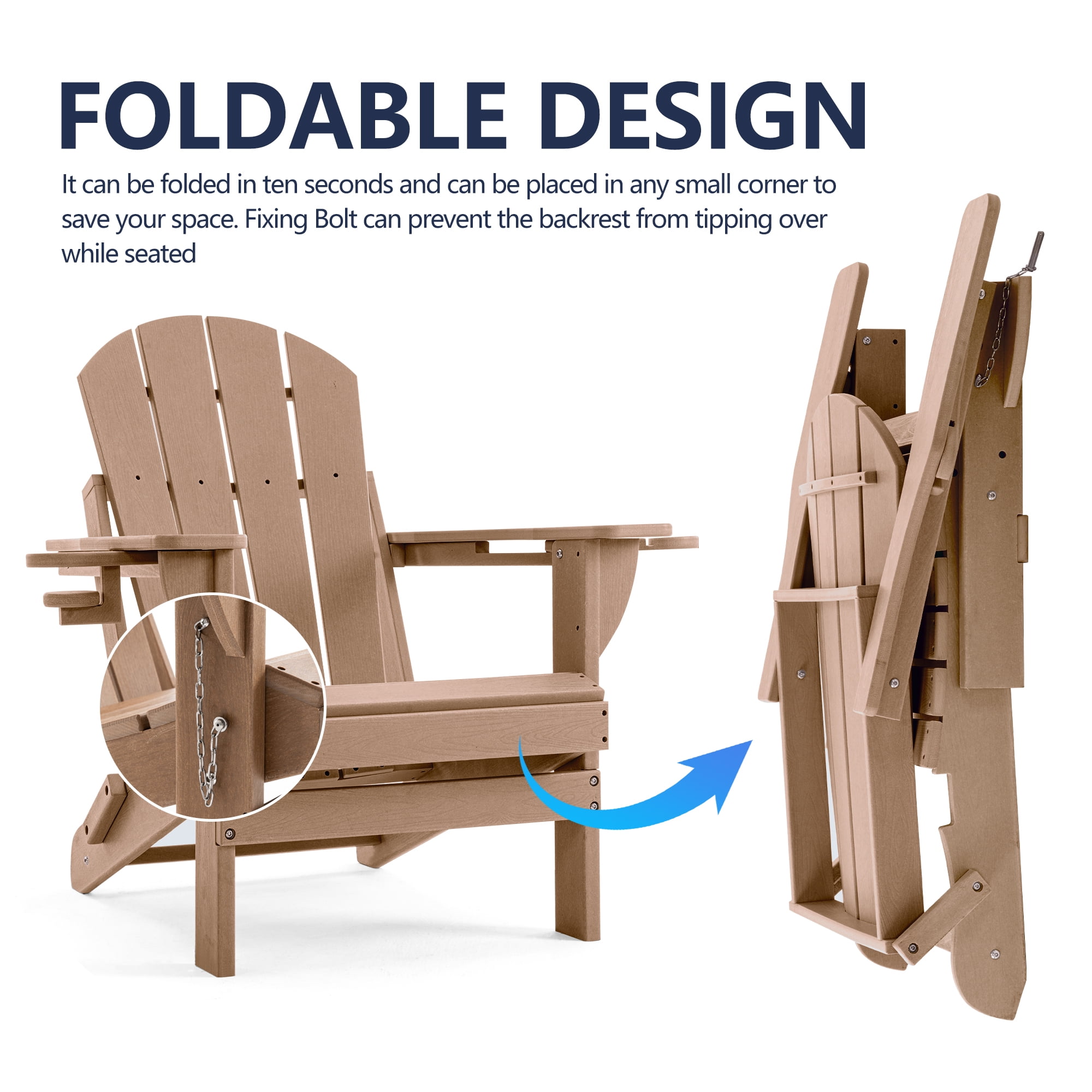 ENYLAY Folding Adirondack Chair with Dual Cup Holders & Phone Holder, All-Weather HDPE Fire Pit Chairs for Outdoor, Patio, Poolside, Garden(Brown)