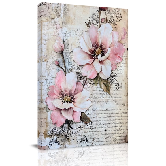 Canvas Wall Art, Vintage Spring Floral Framed Canvas Prints for Living Room Bedroom, Pink Summer Botanical Retro Flowers Gallery Wrapped Wall Decor for Home Office, Gifts, 24"x36" Ship Next Day