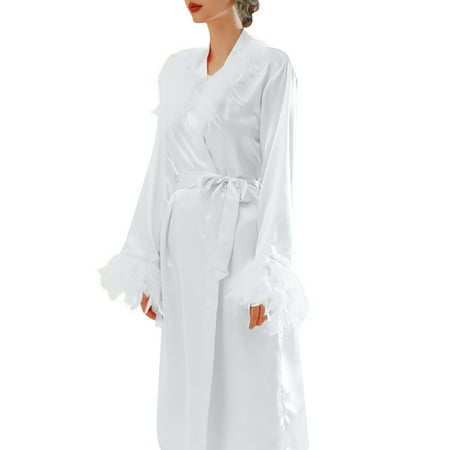 Lingerie Robe Womens Satin Kimonos Robe Feathers Trim Long Sleepwear Soft Comfort Bridal Bathrobe Bridesmaid Robes S-63 White M