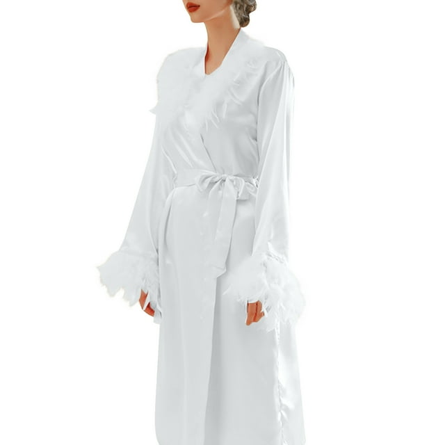 Batas con cuello peludo, bata de mañana para mujer, camisón largo de plumas, maquillaje de boda, dama de honor, grupo, boda, bata de baño de satén, camisón de mujer