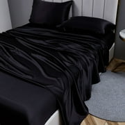 ANMINY Satin Sheets Full Silk Sheets Black Bed Sheet Set Deep Pocket Bed Flat Fitted Sheet, 4-Pieces